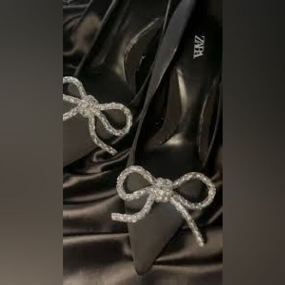 ZARA EMBELLISHED BOW HEELED SHOES BLACK - Picture 5 of 11